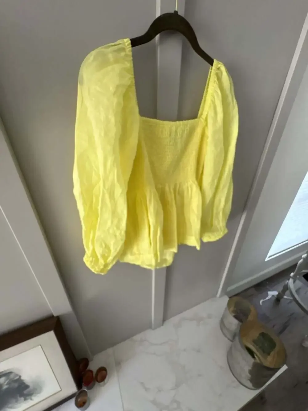 Banana Republic Yellow Twisted Front Puff Sleeve Smocked Square Neck Blouse